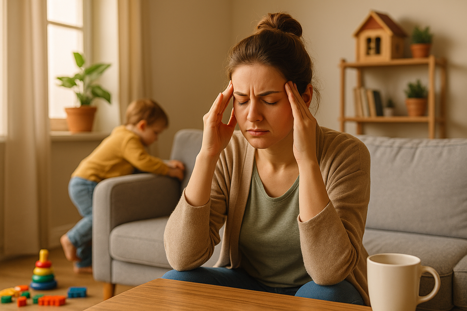 Stressed mom experiencing headache while toddler plays at home