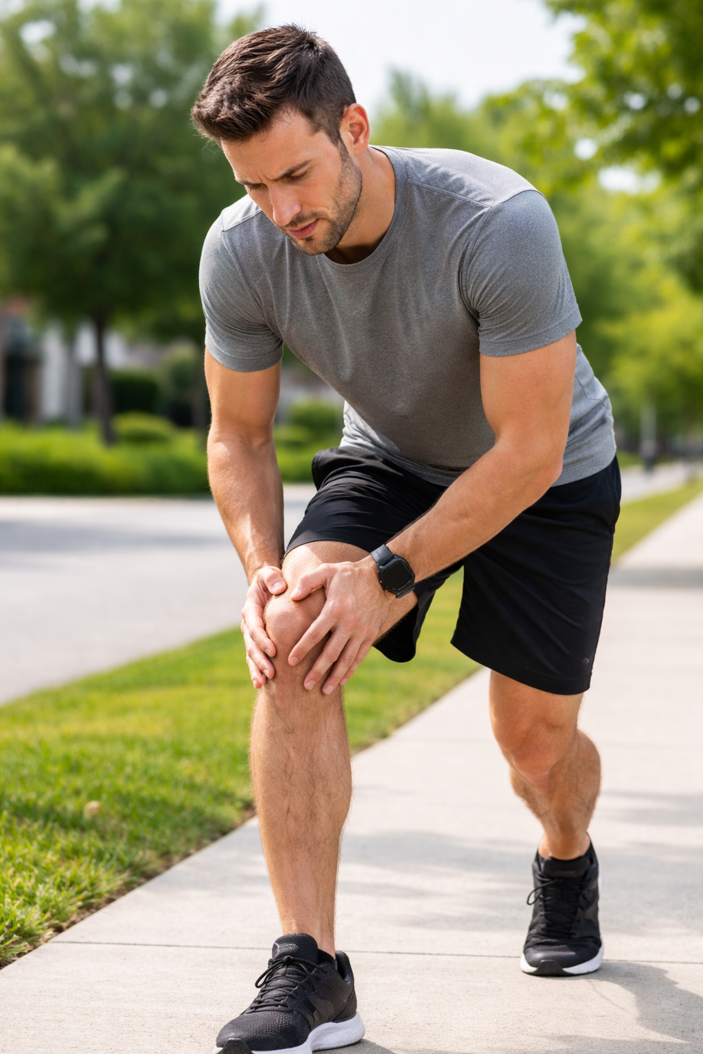 person experiencing knee pain while walking outdoors
